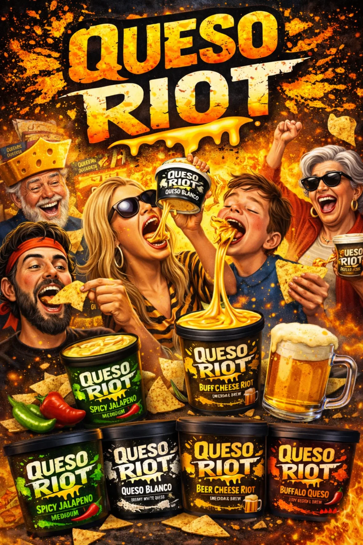 Caricature-style queso fans celebrating with tubs of Queso Riot