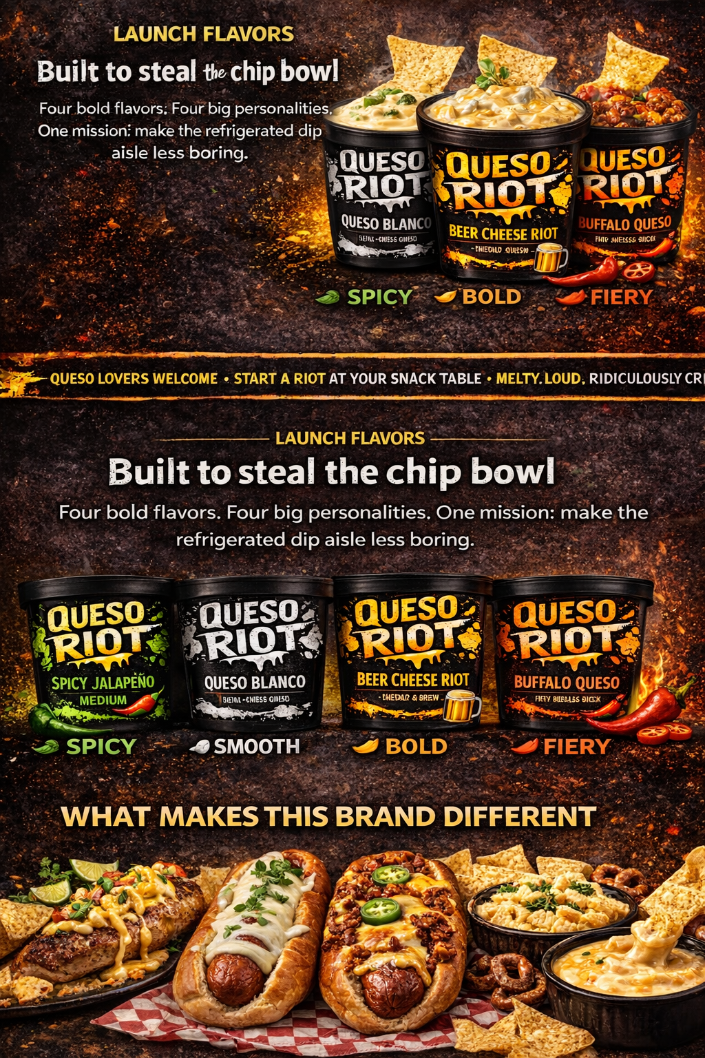 Queso Riot promotional panel showing queso on chicken, hot dogs, pasta, and dipping