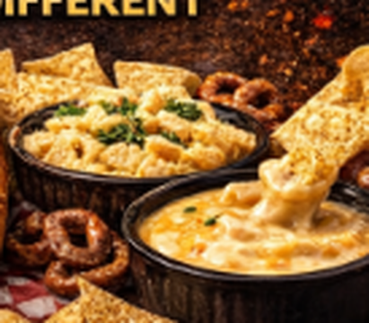 Queso bowls served with chips and pretzels