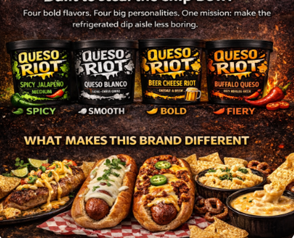 Queso Riot collage featuring foods topped with queso