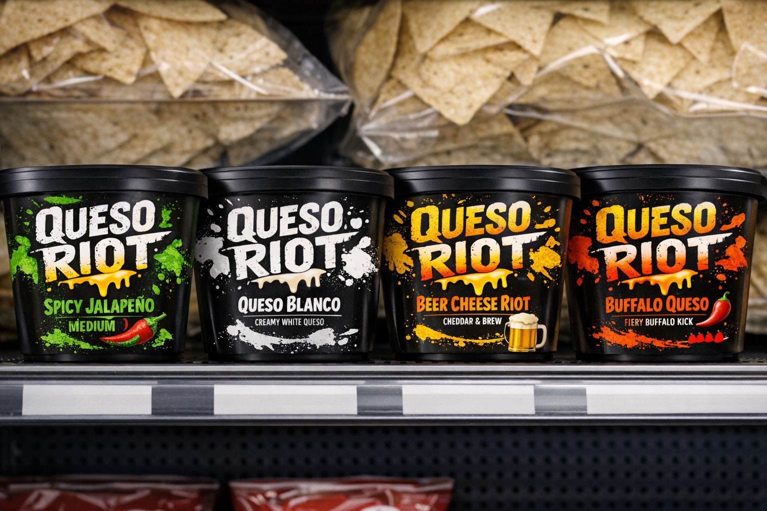 Queso Riot refrigerated shelf mockup with all product flavors